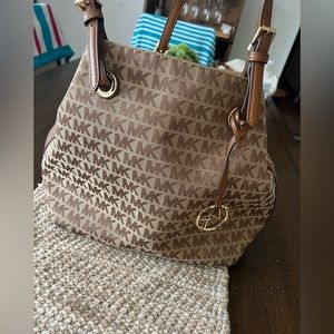 Michael Kors Jet Set Item Grab Bag Jacquard MK Signature Tote Luggage- NWOT